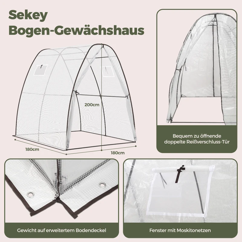 Sekey Sechseckiges Gewächshaus 160x160x180 cm – Tomatengewächshaus aus PE-Folie 135 g/m², stabil & winterfest, mit Reißverschlusstür & Belüftungsfenster für Garten, Balkon & Indoor