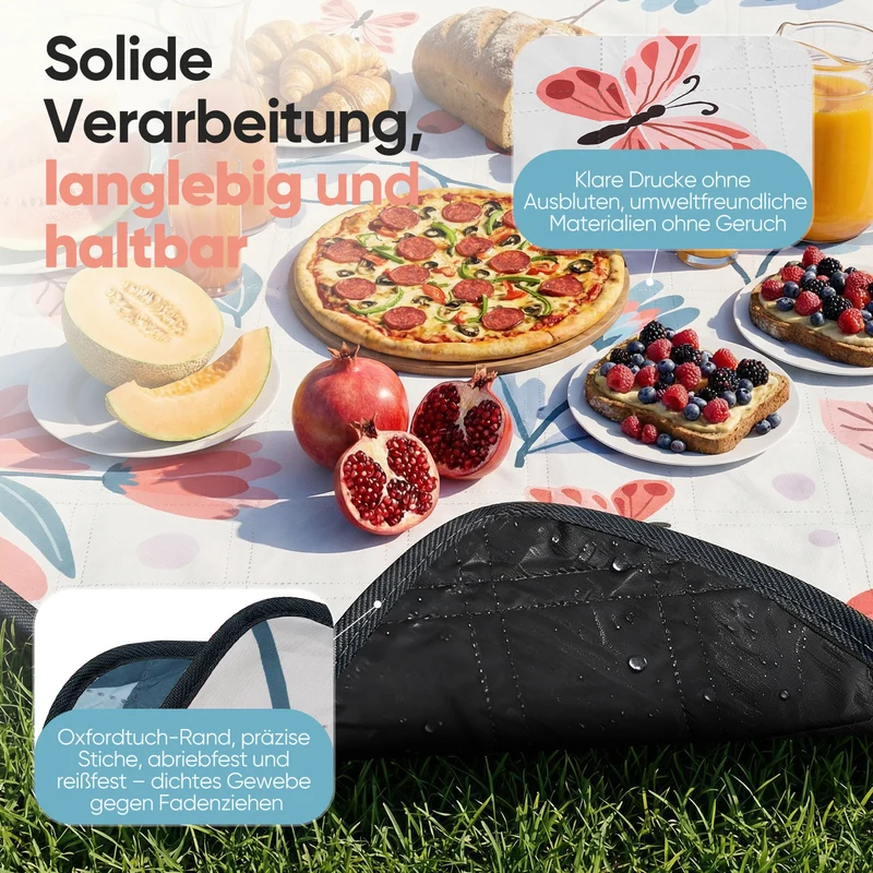 Sekey Picknickdecke Wasserdicht 200x200 cm – Sandfreie Stranddecke mit Schmetterlings- & Blumenmuster, blaue Blätter & rosa Blumen, PEVA-Unterseite & Tragegurt für Picknick, Camping und Strand