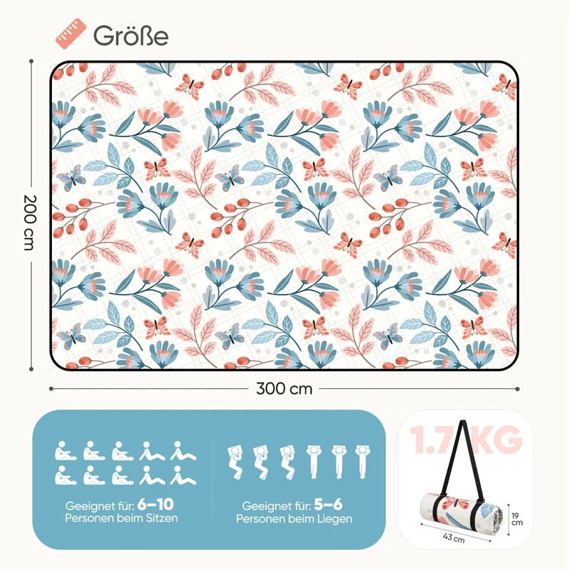 Sekey Picknickdecke Wasserdicht 200x200 cm – Sandfreie Stranddecke mit Schmetterlings- & Blumenmuster, blaue Blätter & rosa Blumen, PEVA-Unterseite & Tragegurt für Picknick, Camping und Strand