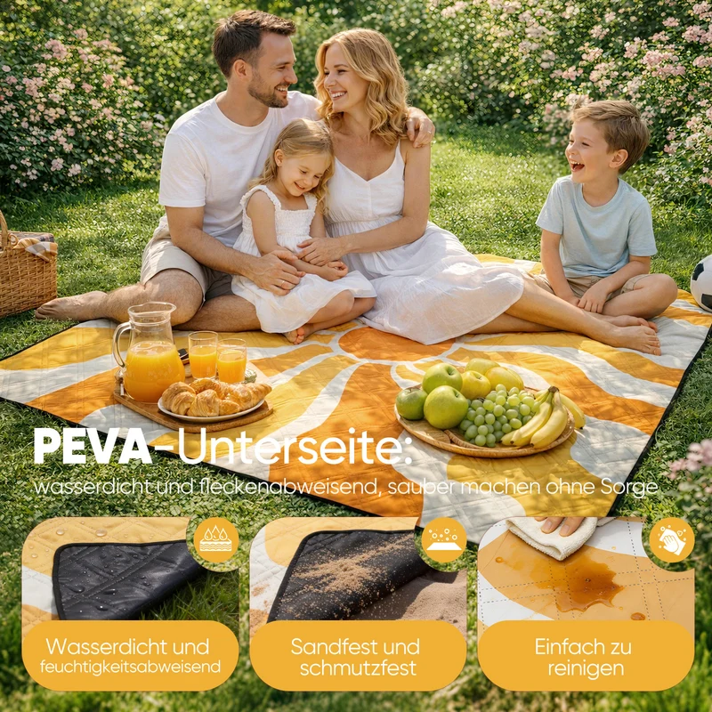 Sekey Picknickdecke Wasserdicht – Sandfreie Stranddecke mit Sonnen-Motiv, Sonnenmuster, PEVA-Unterseite & Tragegurt für Picknick, Camping und Strand