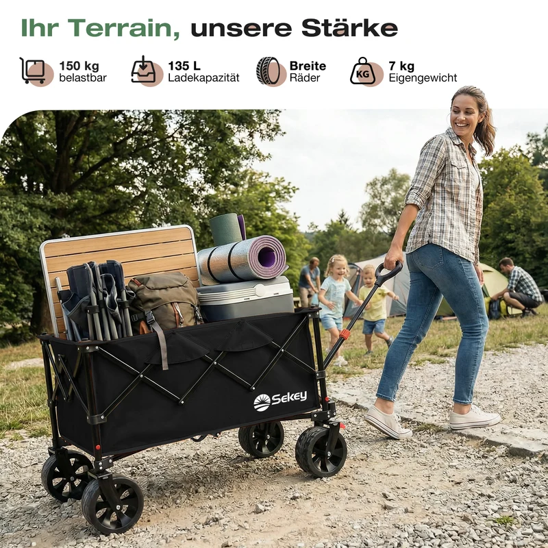 Sekey XXL Faltbarer Bollerwagen 135L – 150kg Belastbar, Leichter Handwagen mit Breiten All-Terrain Rädern, Bremse & 4-Wege Sofortaufbau Transportwagen, 4031