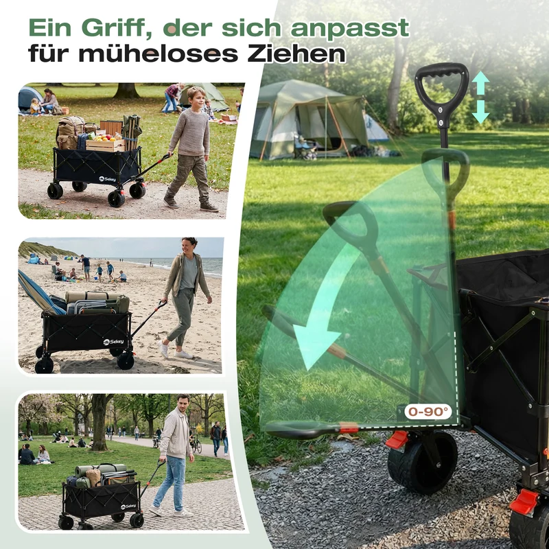 Sekey XXL Faltbarer Bollerwagen 135L – 150kg Belastbar, Leichter Handwagen mit Breiten All-Terrain Rädern, Bremse & 4-Wege Sofortaufbau Transportwagen, 4031