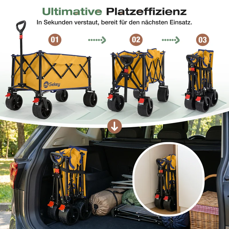 Sekey XXL Faltbarer Bollerwagen 135L – 150kg Belastbar, Leichter Handwagen mit Breiten All-Terrain Rädern, Bremse & 4-Wege Sofortaufbau Transportwagen, 4031
