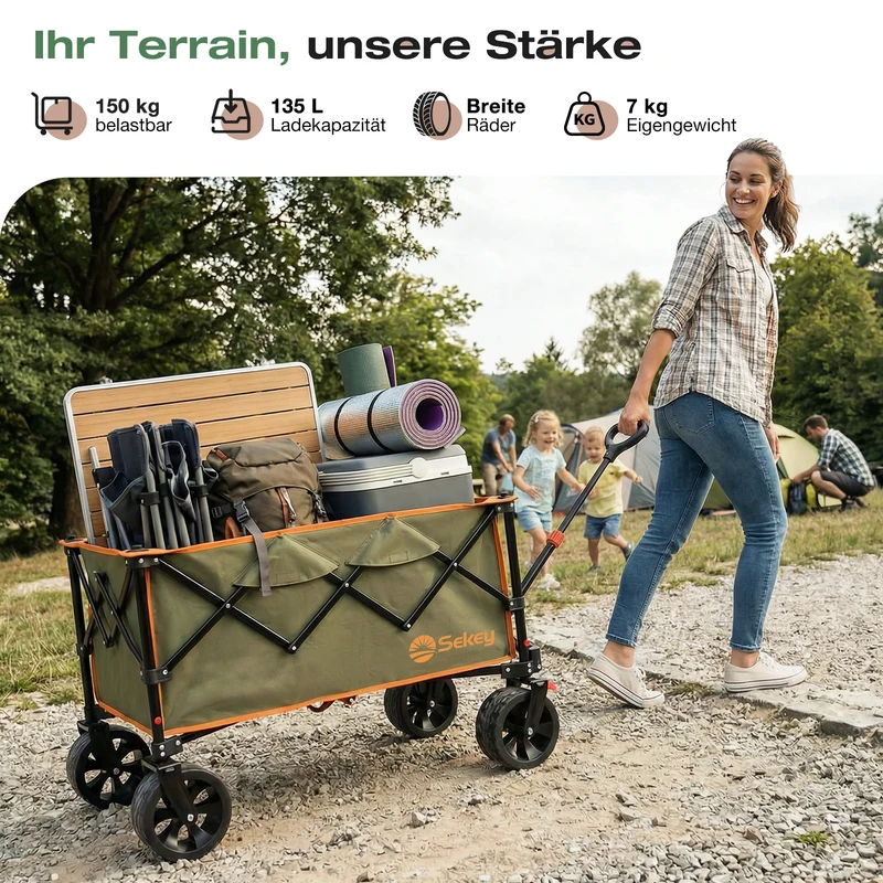 Sekey XXL Faltbarer Bollerwagen 135L – 150kg Belastbar, Leichter Handwagen mit Breiten All-Terrain Rädern, Bremse & 4-Wege Sofortaufbau Transportwagen, 4031
