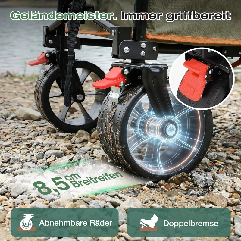 Sekey XXL Faltbarer Bollerwagen 135L – 150kg Belastbar, Leichter Handwagen mit Breiten All-Terrain Rädern, Bremse & 4-Wege Sofortaufbau Transportwagen, 4031