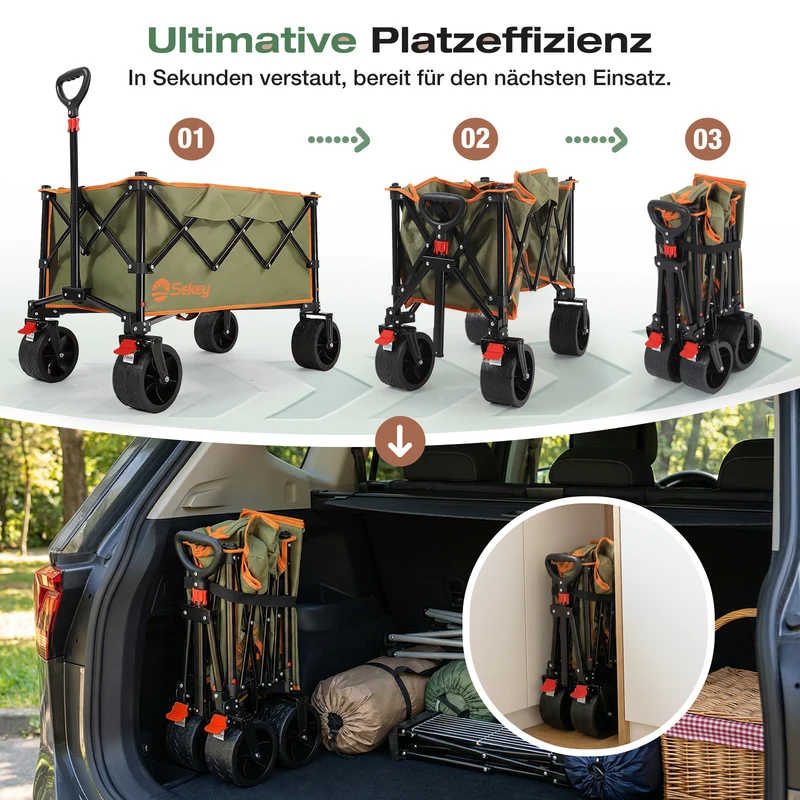 Sekey XXL Faltbarer Bollerwagen 135L – 150kg Belastbar, Leichter Handwagen mit Breiten All-Terrain Rädern, Bremse & 4-Wege Sofortaufbau Transportwagen, 4031