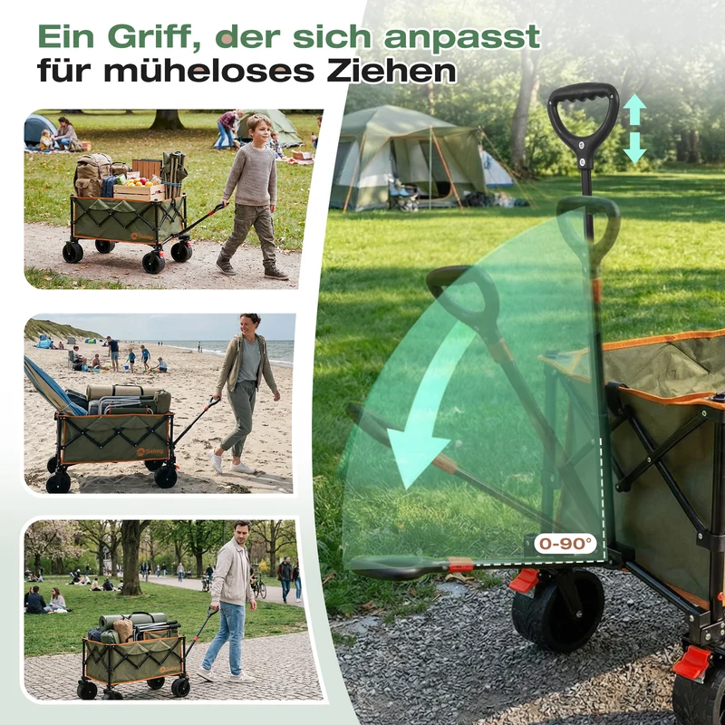 Sekey XXL Faltbarer Bollerwagen 135L – 150kg Belastbar, Leichter Handwagen mit Breiten All-Terrain Rädern, Bremse & 4-Wege Sofortaufbau Transportwagen, 4031