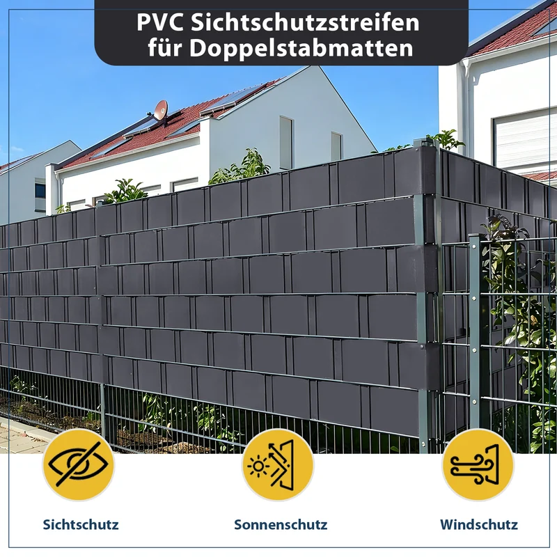 Sekey PVC Sichtschutzstreifen für Doppelstabmattenzaun – Sichtschutzband mit Befestigungsclips, UV-beständig & Wetterfest, Windschutz für Gartenzaun, Anthrazit