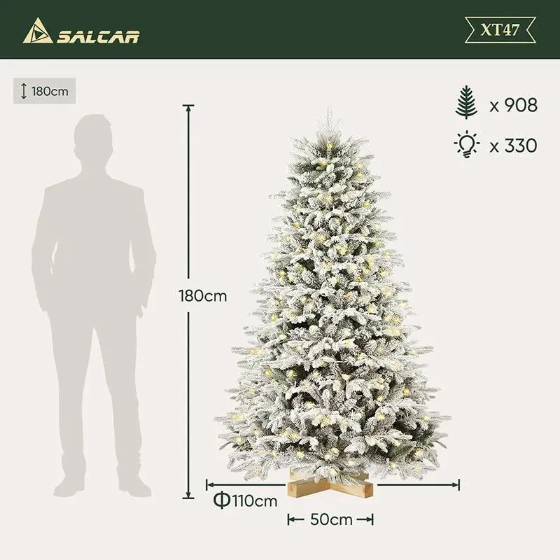 Salcar 180 Künstlicher Weihnachtsbaum mit Schnee, Holzständer, mit 908 Spitzen aus PVC und PE