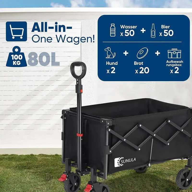 Sunula 80L / 100KG Faltbarer Bollerwagen, mit Bremsen, Halbiertem Eigengewicht