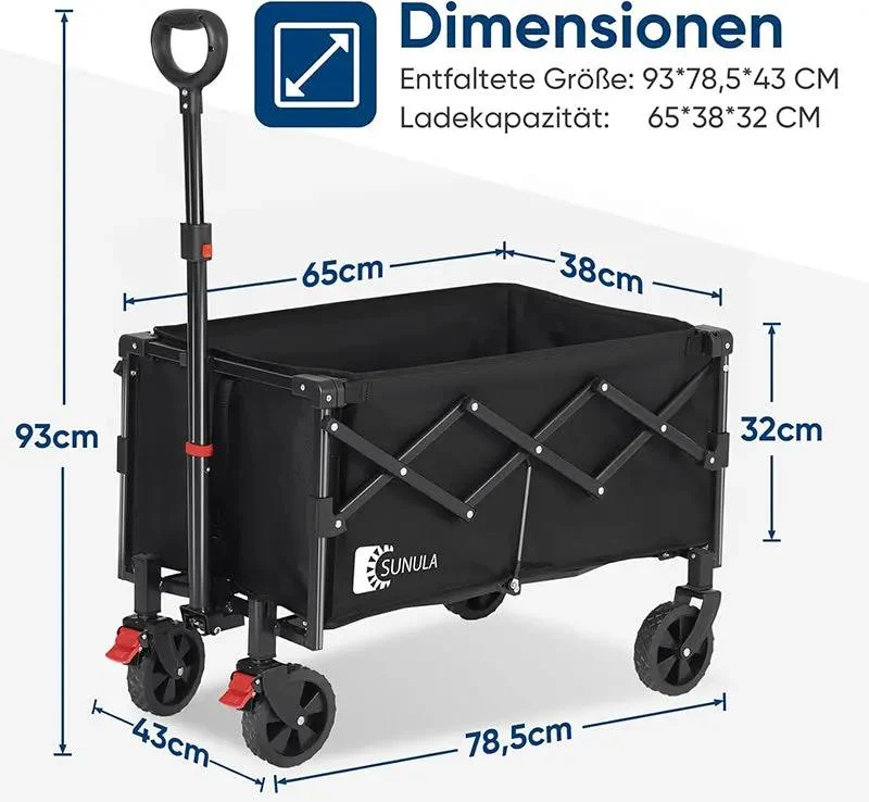 Sunula 80L / 100KG Faltbarer Bollerwagen, mit Bremsen, Halbiertem Eigengewicht