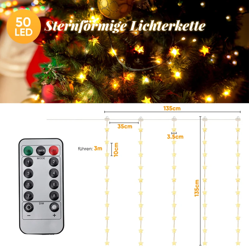 Salcar LED Lichtervorhang Sterne 2×1m, 50 LEDs, Warmweiß, 8 Modi, USB, Timer & Memory, Dimmbar mit Fernbedienung, Weihnachtsbeleuchtung Fenster Deko für Innen