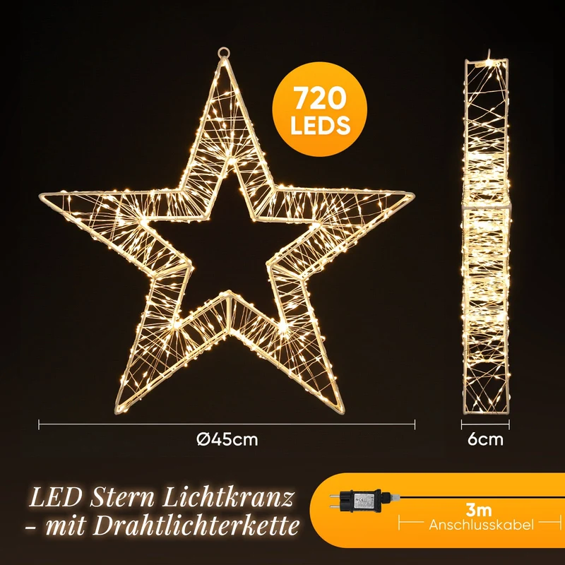 Salcar LED Weihnachtsstern 45 cm, Metall Leuchtstern mit 720 LEDs, 8 Modi & Timer, Stern Fenster Deko, Innen & Außen, Warmweiß