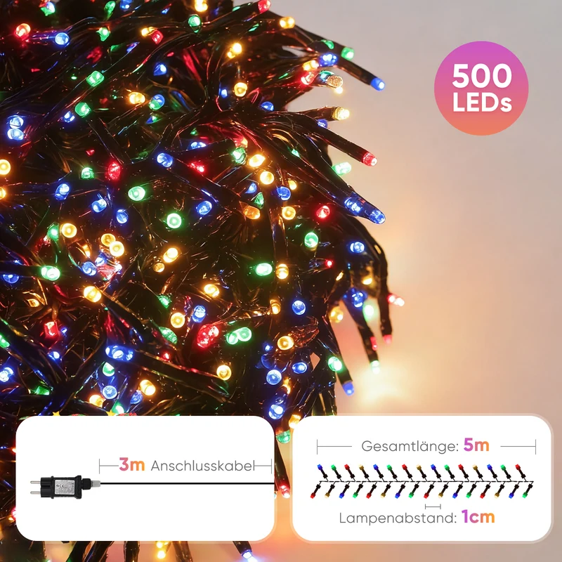 Salcar LED Cluster Lichterkette Außen & Innen, 500/1000 LEDs, Warmweiß oder Bunt 8 Modi, Timer & Memory, Spritzwassergeschützt Dichte Weihnachtslichterkette für Baum, Garten & Deko