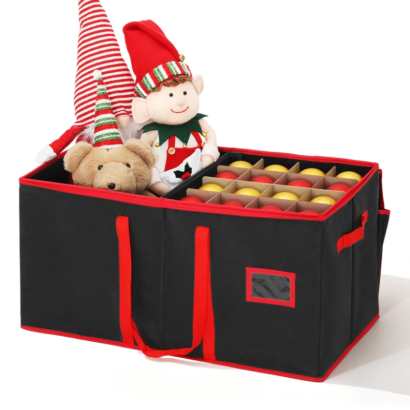 Salcar Schwarze Aufbewahrungsbox für 128 Weihnachtskugeln Faltbare Christbaumkugel-Box 64,8×32,3×34,2 cm mit 128 Fächern, Tragegriffen & Doppelreißverschluss