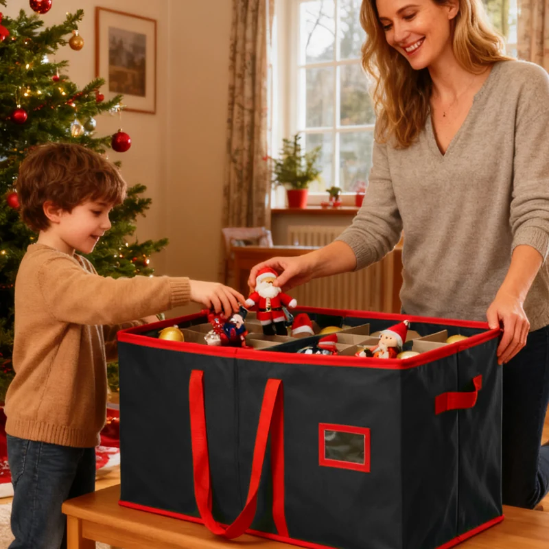 Salcar Schwarze Aufbewahrungsbox für 128 Weihnachtskugeln Faltbare Christbaumkugel-Box 64,8×32,3×34,2 cm mit 128 Fächern, Tragegriffen & Doppelreißverschluss