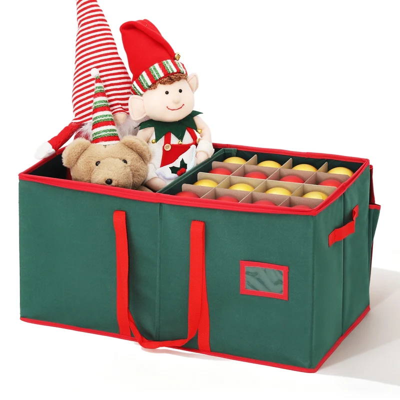 Salcar Grüne Aufbewahrungsbox für 128 Weihnachtskugeln – Faltbare Christbaumkugel-Box 64,8×32,3×34,2 cm mit 128 Fächern, Tragegriffen & Doppelreißverschluss