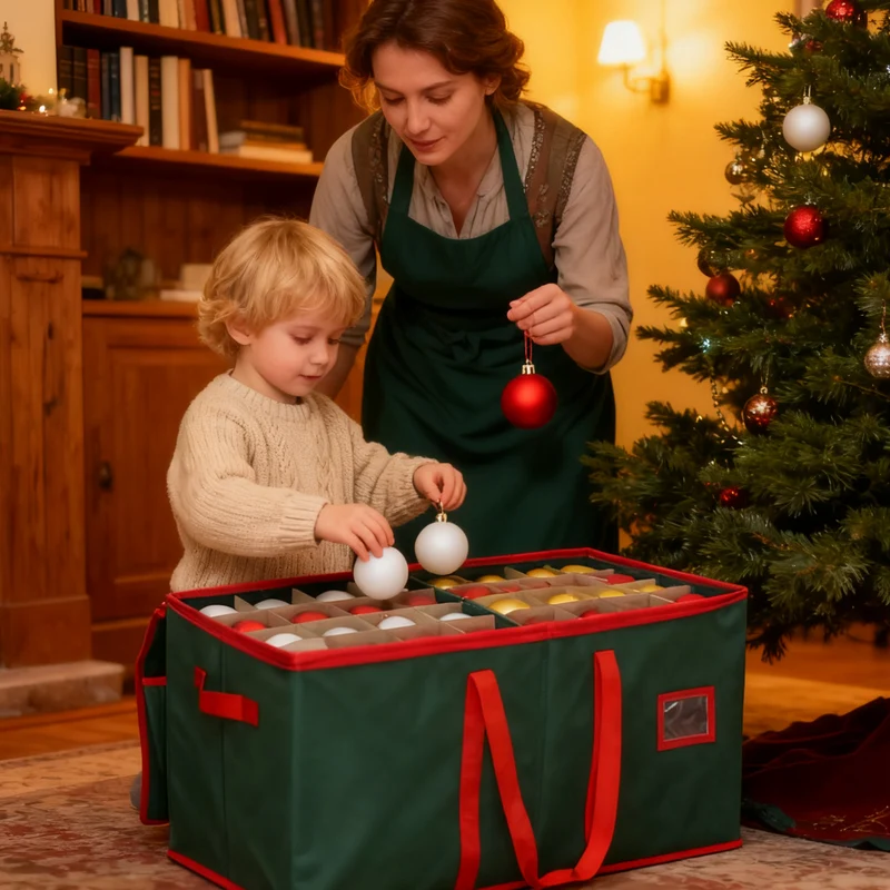 Salcar Grüne Aufbewahrungsbox für 128 Weihnachtskugeln – Faltbare Christbaumkugel-Box 64,8×32,3×34,2 cm mit 128 Fächern, Tragegriffen & Doppelreißverschluss