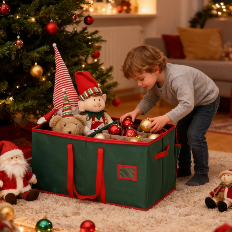 Salcar Grüne Aufbewahrungsbox für 128 Weihnachtskugeln – Faltbare Christbaumkugel-Box 64,8×32,3×34,2 cm mit 128 Fächern, Tragegriffen & Doppelreißverschluss