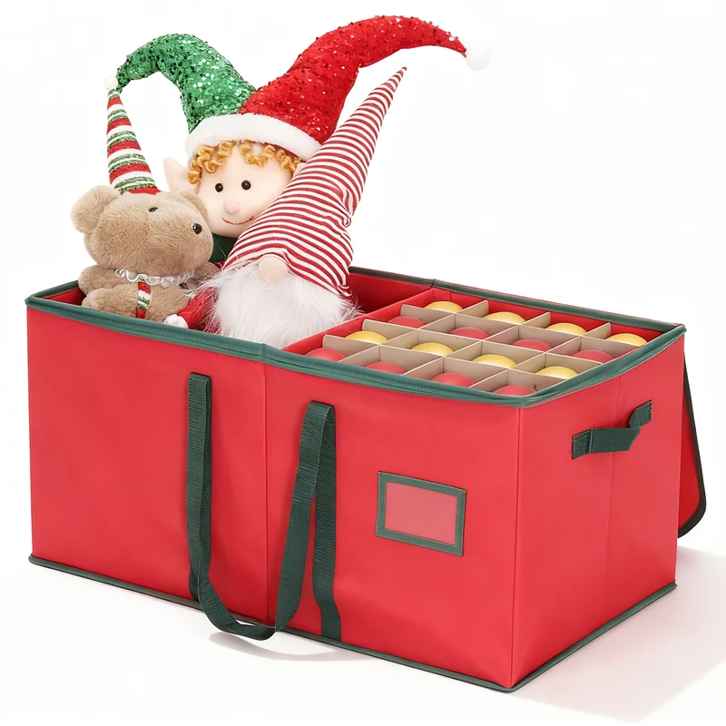 Salcar Rote Aufbewahrungsbox für 128 Weihnachtskugeln – Faltbare Christbaumkugel-Box 64,8×32,3×34,2 cm mit 128 Fächern, Tragegriffen & Doppelreißverschluss