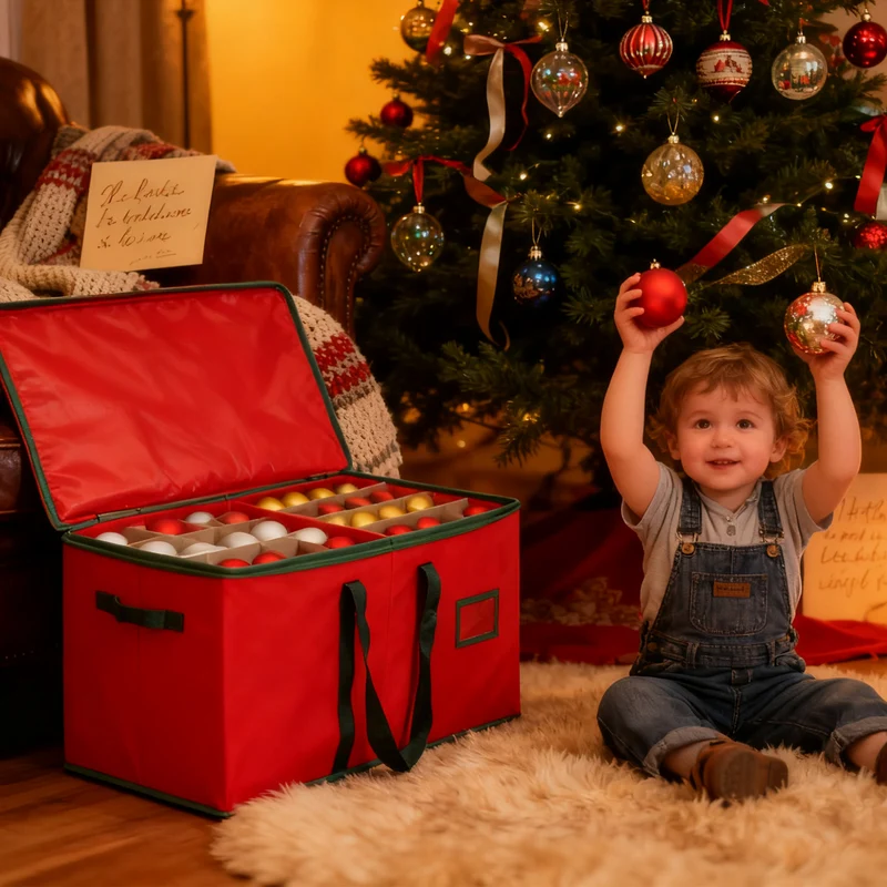 Salcar Rote Aufbewahrungsbox für 128 Weihnachtskugeln – Faltbare Christbaumkugel-Box 64,8×32,3×34,2 cm mit 128 Fächern, Tragegriffen & Doppelreißverschluss