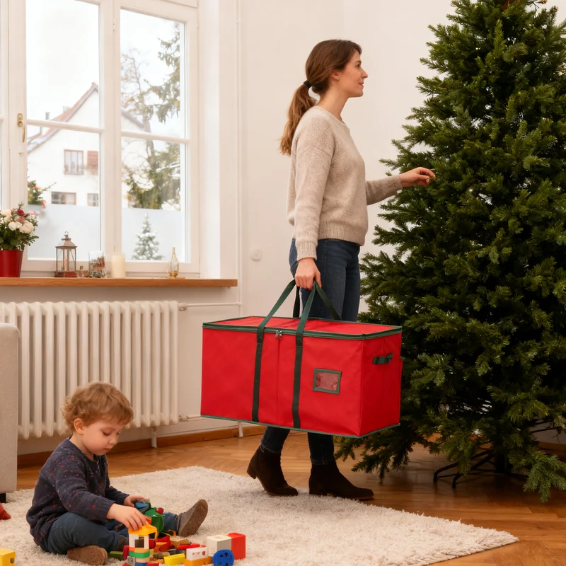 Salcar Rote Aufbewahrungsbox für 128 Weihnachtskugeln – Faltbare Christbaumkugel-Box 64,8×32,3×34,2 cm mit 128 Fächern, Tragegriffen & Doppelreißverschluss