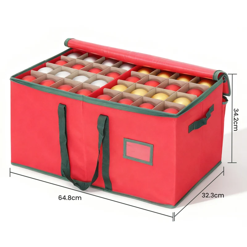 Salcar Rote Aufbewahrungsbox für 128 Weihnachtskugeln – Faltbare Christbaumkugel-Box 64,8×32,3×34,2 cm mit 128 Fächern, Tragegriffen & Doppelreißverschluss