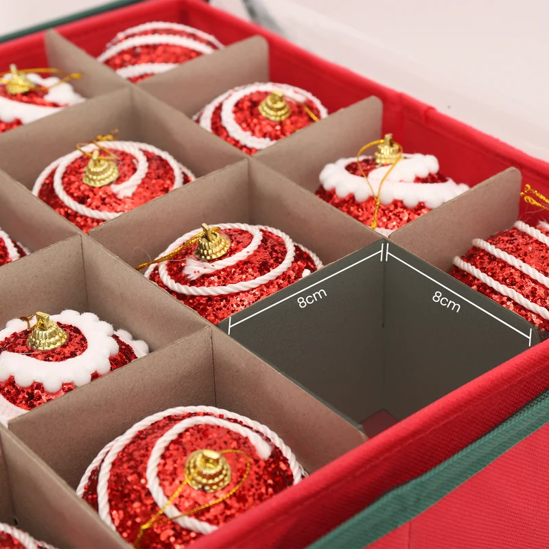 Salcar Aufbewahrungsbox für 64 Weihnachtskugeln – 4 Ebenen, Verstellbare Trennwände, Rote Faltbox 33×33×34 cm mit Sichtfenster