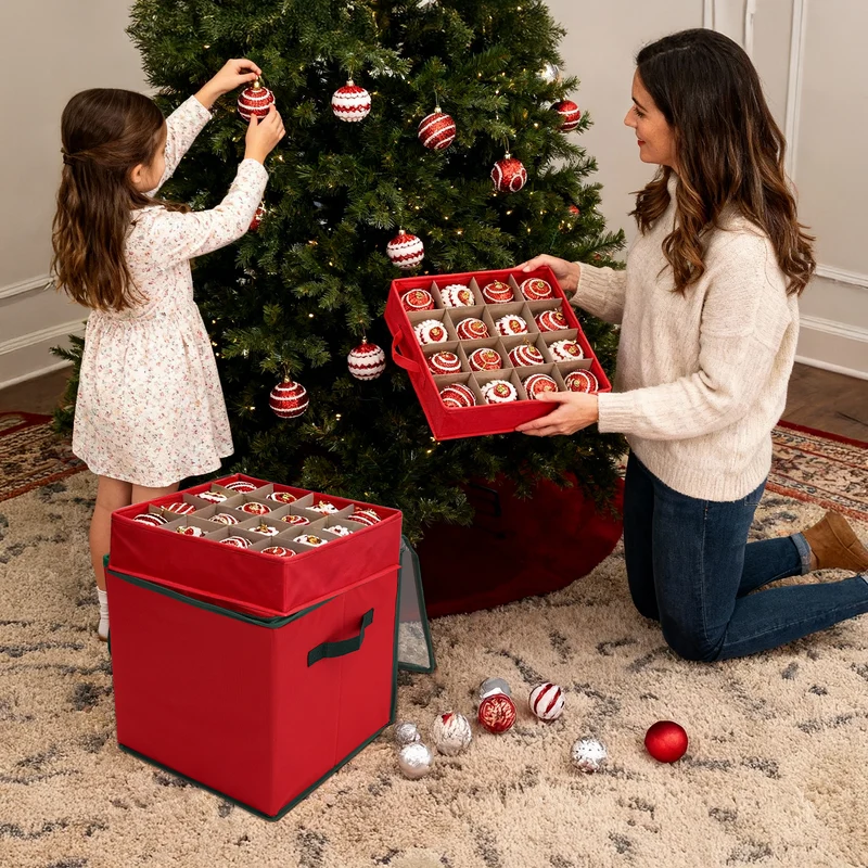 Salcar Aufbewahrungsbox für 64 Weihnachtskugeln – 4 Ebenen, Verstellbare Trennwände, Rote Faltbox 33×33×34 cm mit Sichtfenster