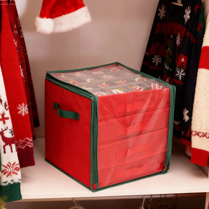 Salcar Aufbewahrungsbox für 64 Weihnachtskugeln – 4 Ebenen, Verstellbare Trennwände, Rote Faltbox 33×33×34 cm mit Sichtfenster