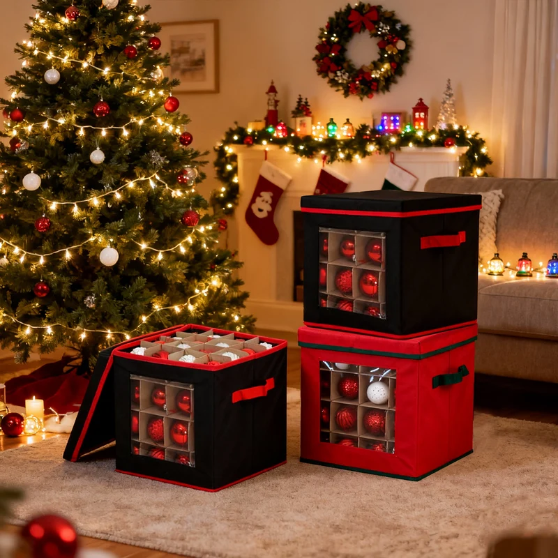 Salcar Aufbewahrungsbox Schwarz für 64 Weihnachtskugeln – Faltbare Weihnachtsdeko-Box 30,5 cm mit Fächern & flexiblen Trennwänden