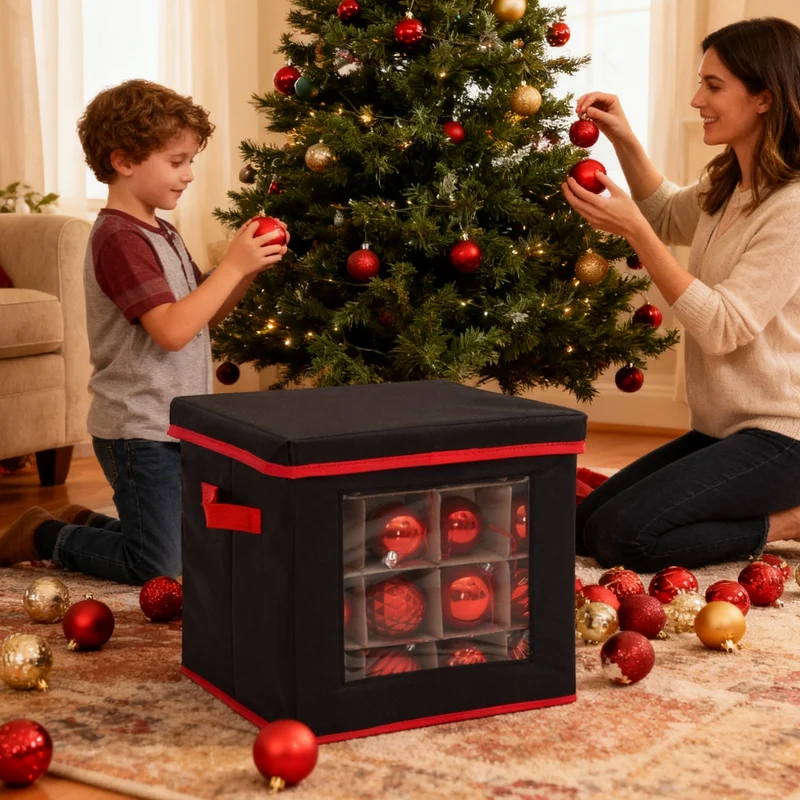 Salcar Aufbewahrungsbox Schwarz für 64 Weihnachtskugeln – Faltbare Weihnachtsdeko-Box 30,5 cm mit Fächern & flexiblen Trennwänden