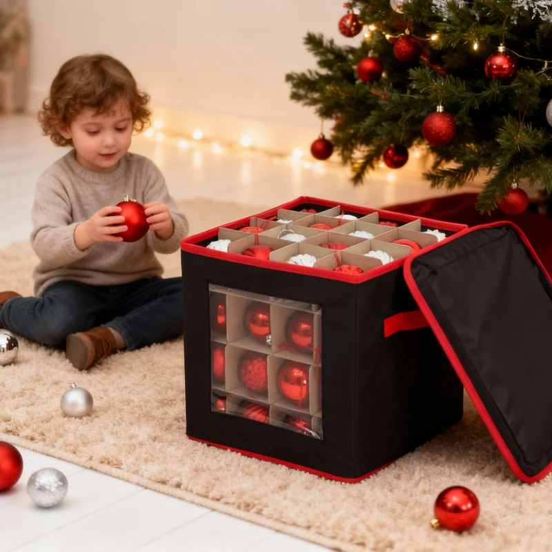 Salcar Aufbewahrungsbox Schwarz für 64 Weihnachtskugeln – Faltbare Weihnachtsdeko-Box 30,5 cm mit Fächern & flexiblen Trennwänden