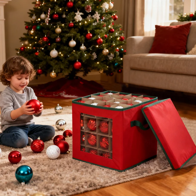 Salcar Aufbewahrungsbox für 64 Weihnachtskugeln – Faltbare Weihnachtsdeko-Box 30,5 cm mit Fächern & flexiblen Trennwänden, Transparentes Sichtfenster