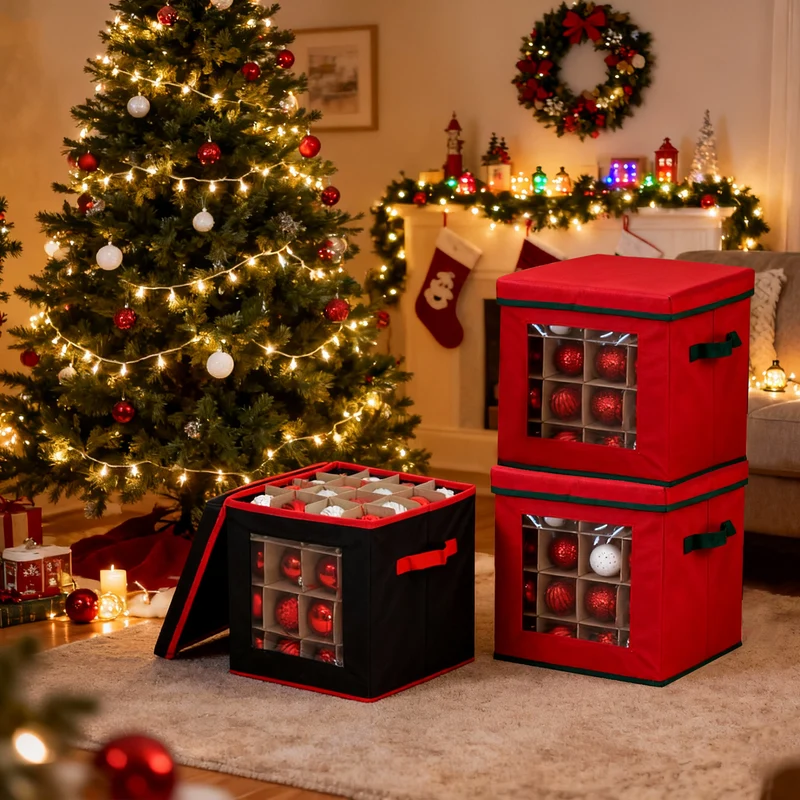 Salcar Aufbewahrungsbox für 64 Weihnachtskugeln – Faltbare Weihnachtsdeko-Box 30,5 cm mit Fächern & flexiblen Trennwänden, Transparentes Sichtfenster