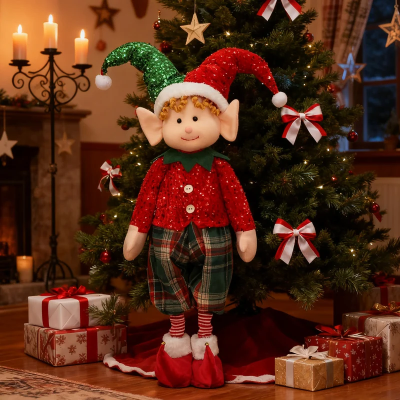 Salcar Weihnachtsjunge 60–90 cm – Stehende Weihnachtsfigur mit teleskopierbaren Beinen, Rote Kleidung & Zipfelmütze, Weihnachtsdeko für Wohnzimmer & Kinderzimmer
