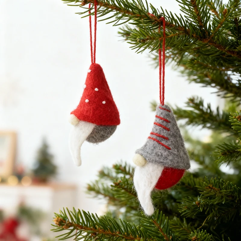 Salcar Christbaumschmuck 4er Set – Handgefilzte Weihnachtsanhänger Wichtel 10 cm aus Wollfilz, Rot & Grau, Baumschmuck Handarbeit für Weihnachtsbaum & Fenster