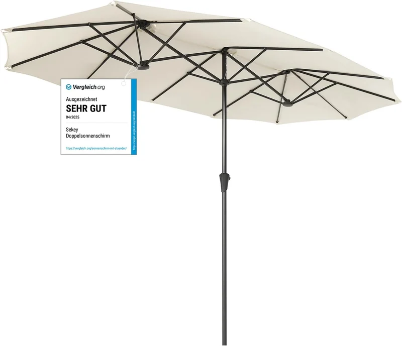 Sekey Doppelsonnenschirm 160 × 300 cm – Großer Sonnenschirm mit Kurbel & Knickfunktion, UV50+ Marktschirm, windstabil, Weiß / Grau