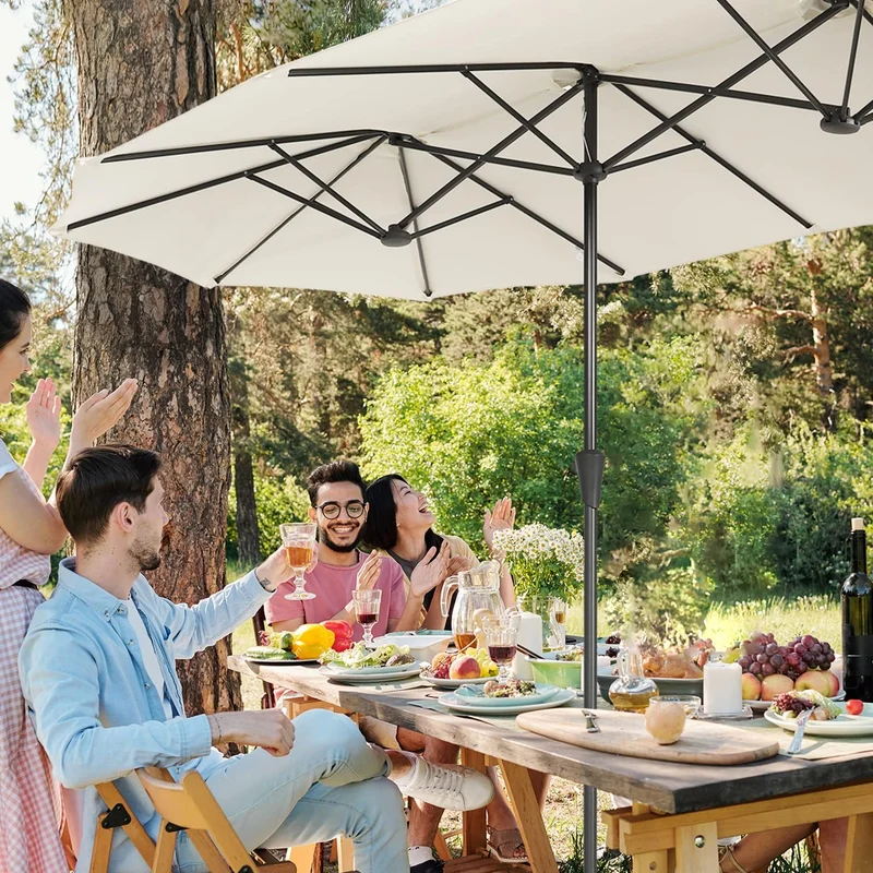Sekey Doppelsonnenschirm 160 × 300 cm – Großer Sonnenschirm mit Kurbel & Knickfunktion, UV50+ Marktschirm, windstabil, Weiß / Grau