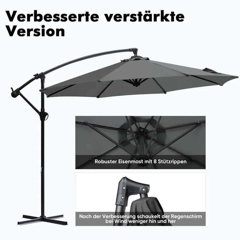 Sekey® Premium Ampelschirm 300 cm – UV50+ Sonnenschutz, stabiler Kurbel-Sonnenschirm mit Aluminiumgestell, 8 Streben, Beige / Grau / Weiß
