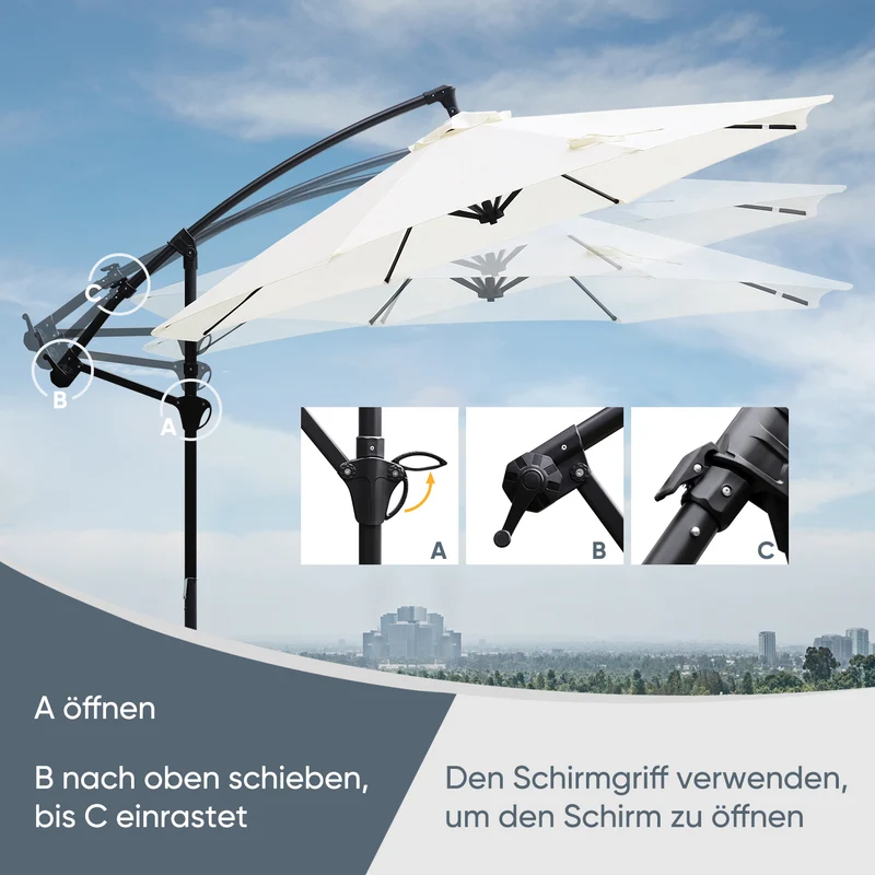 Sekey® Premium Ampelschirm 300 cm – UV50+ Sonnenschutz, stabiler Kurbel-Sonnenschirm mit Aluminiumgestell, 8 Streben, Beige / Grau / Weiß
