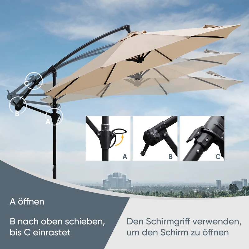 Sekey® Premium Ampelschirm 300 cm – UV50+ Sonnenschutz, stabiler Kurbel-Sonnenschirm mit Aluminiumgestell, 8 Streben, Beige / Grau / Weiß
