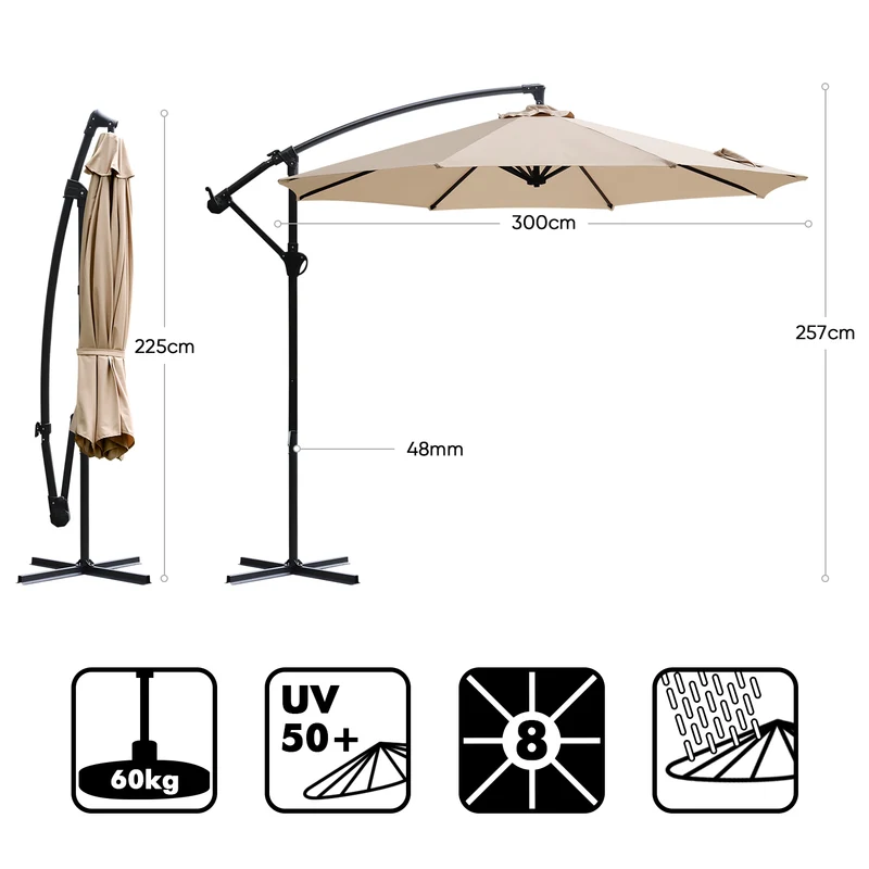 Sekey® Premium Ampelschirm 300 cm – UV50+ Sonnenschutz, stabiler Kurbel-Sonnenschirm mit Aluminiumgestell, 8 Streben, Beige / Grau / Weiß
