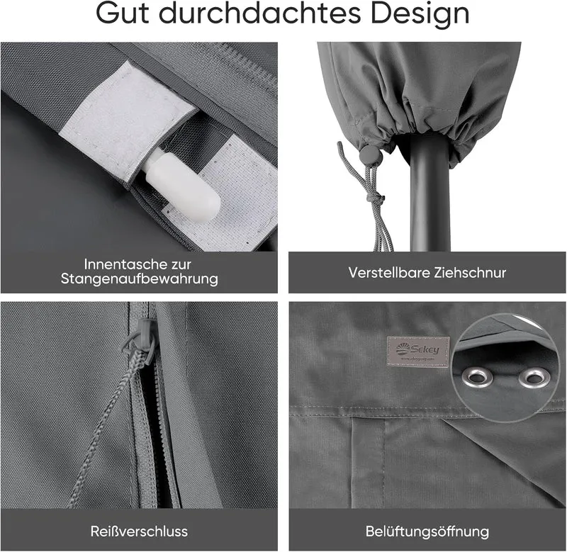 Sekey Sonnenschirm Schutzhülle mit Stab – Wasserdichte Abdeckung für Ø 400 cm / 240×330 cm Gartenschirm, UV-beständig, mit Belüftung & Reißverschluss