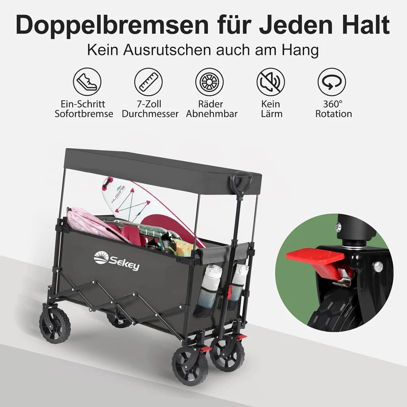 Sekey XXL Faltbarer Kinder-Handwagen mit Dach, 150 L, 150 kg, Sonnenschutz, Strand- & Campingwagen, Grau/Blaugrün/Schwarz, Modell S4018