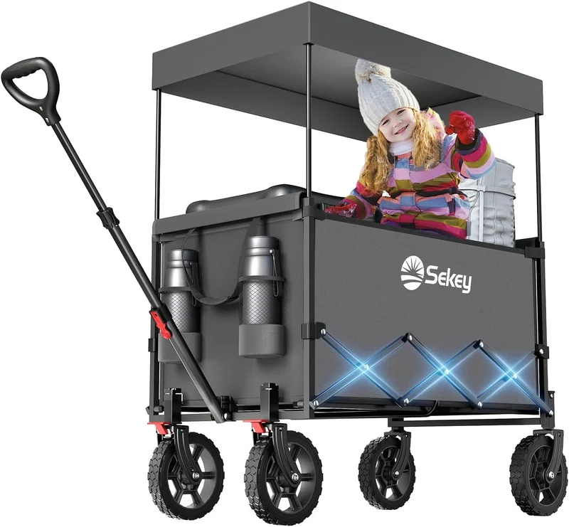 Sekey XXL Faltbarer Kinder-Handwagen mit Dach, 150 L, 150 kg, Sonnenschutz, Strand- & Campingwagen, Grau/Blaugrün/Schwarz, Modell S4018