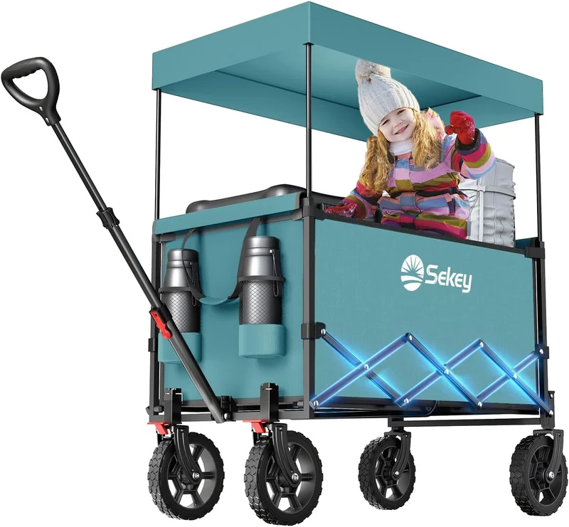 Sekey XXL Faltbarer Kinder-Handwagen mit Dach, 150 L, 150 kg, Sonnenschutz, Strand- & Campingwagen, Grau/Blaugrün/Schwarz, Modell S4018