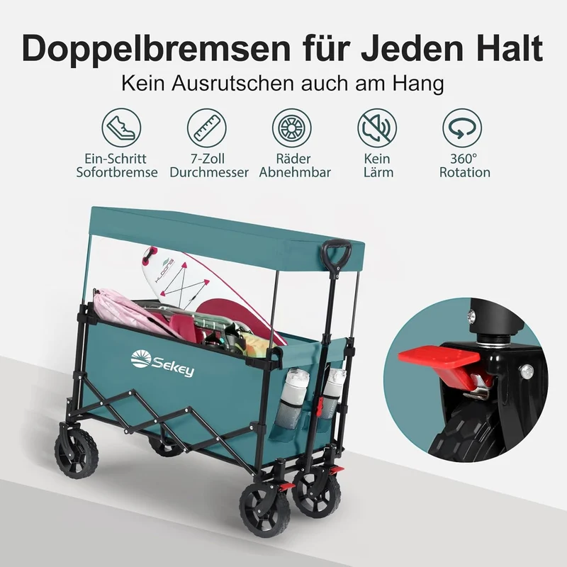 Sekey XXL Faltbarer Kinder-Handwagen mit Dach, 150 L, 150 kg, Sonnenschutz, Strand- & Campingwagen, Grau/Blaugrün/Schwarz, Modell S4018