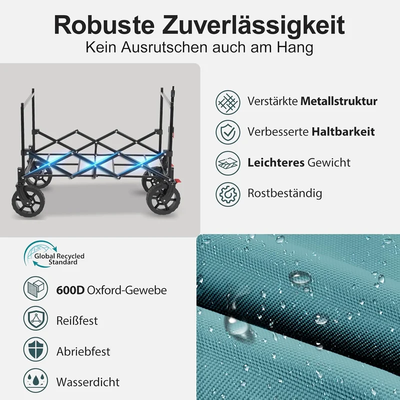 Sekey XXL Faltbarer Kinder-Handwagen mit Dach, 150 L, 150 kg, Sonnenschutz, Strand- & Campingwagen, Grau/Blaugrün/Schwarz, Modell S4018