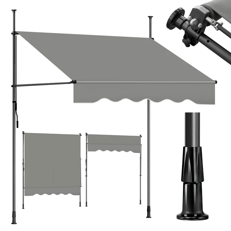 Sekey Klemmmarkise ohne Bohren Grau (150–350 cm Breite), 130 cm Ausfall, 0–90° verstellbar, wasserdicht & UV-Schutz (UPF 50+), Balkon Markise mit Handkurbel für Balkon, Terrasse & Garten